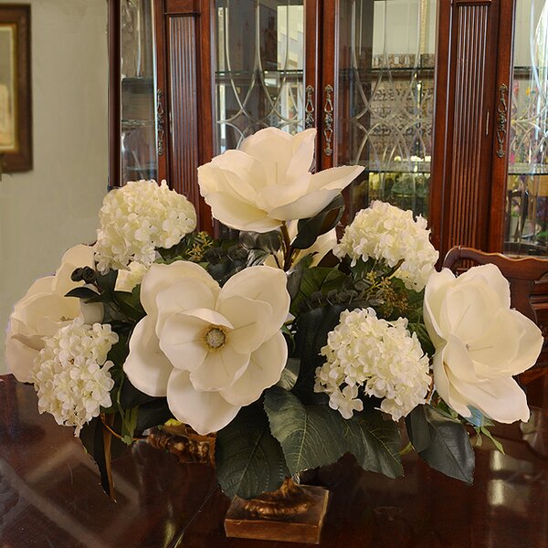 Rosecliff Heights Magnolia and Hydrangea Large Silk Centerpiece in Vase